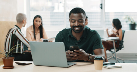 Phone, smile and reading with business man in office for social media, branding manager and contact. Campaign marketing, network and text message with person and laptop for chat, research and app