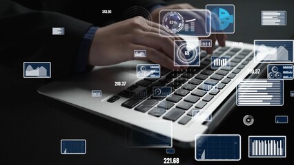 A business professional engages with a laptop, analyzing data as graphs and charts overlay the scene, highlighting insights and trends in a modern office setting. Xenic