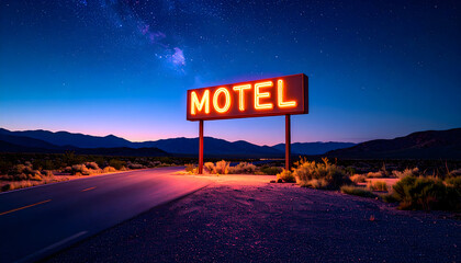 Luminous Motel Sign Under a Starry Desert Night Sky