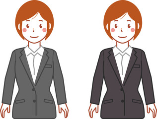 グレースーツ、ショートヘアの両手を下ろす若い女性