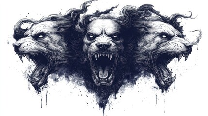 Graphic design of three snarling dog heads, stylized as monstrous figures, with flowing mane-like fur