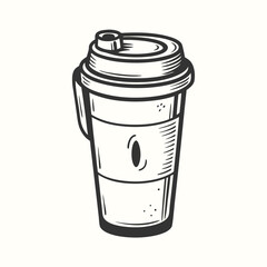 Handdrawn monochrome coffee cup with lid and holder appears vintage inspired