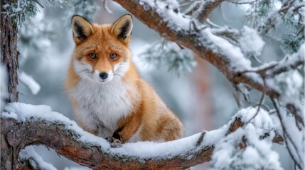Obraz premium Red fox resting on snow covered branch in winter forest environment