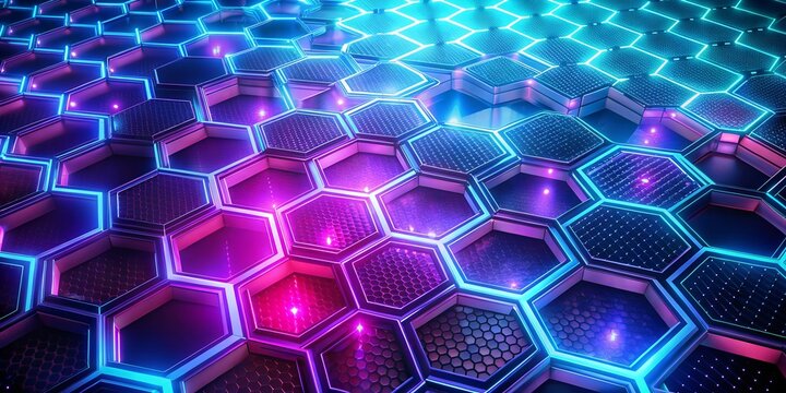 Futuristic hexagonal pattern with neon lights, creating an abstract geometric texture perfect for modern designs and technological backgrounds - Powered by Adobe