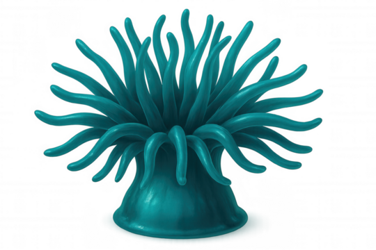 Turquoise sea anemone with long tentacles standing on transparent background, creating a captivating underwater scene