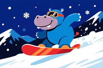 Fototapeta premium Cool Blue Hippo Snowboarding Down Mountain Slope