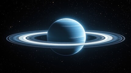 Blue planet with luminous rings in deep space