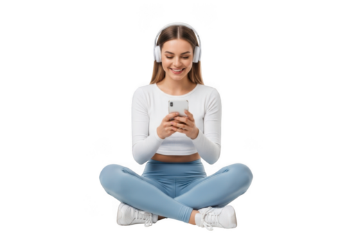 Young woman listening to music on her smartphone while sitting crosslegged with headphones, isolated on transparent background