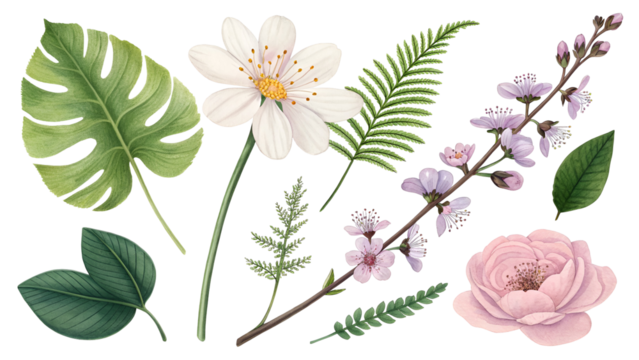 Green monstera leaf white flower pink blossoms fern isolated on a transparent background image