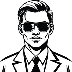 Confident man in black suit wears sunglasses in a bold monochrome portrait