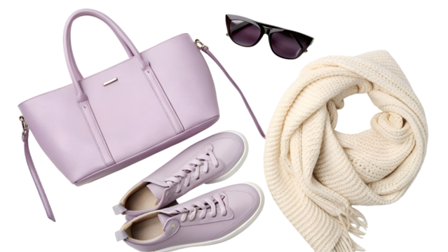 Lavender leather tote bag sneakers sunglasses cream knit scarf isolated on a transparent background