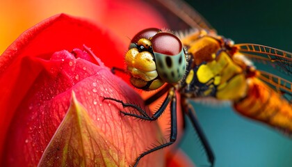 Dragonfly resting on red flower close-up