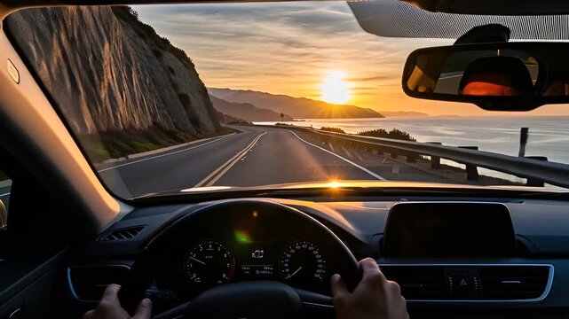 Scenic road trip at sunset on coastal highway, driving with ocean view and sun setting over the