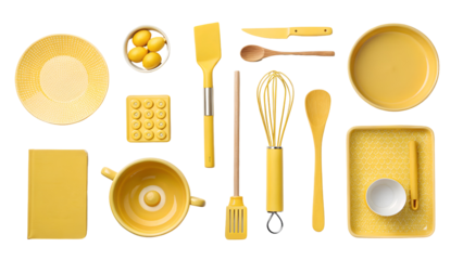 Minimalist yellow kitchen utensils and lemons arranged on black isolated on a transparent background