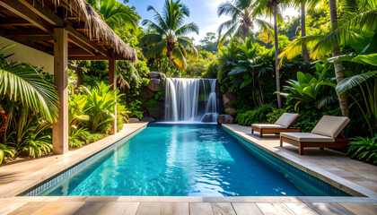 Fototapeta premium Luxury Resort Pool with Waterfall and Lush Tropical Landscaping
