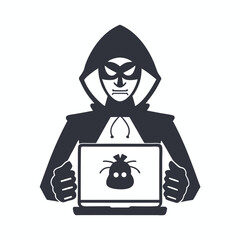 Masked hacker holds a laptop displaying a bag of money with spider legs image