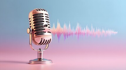 Professional microphone with animated waveform vector on pastel pink and blue background, modern broadcasting or podcasting concept, sleek vibrant Ultra Realistic composition