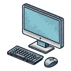 Fototapeta premium Line art illustration of a computer monitor with keyboard and mouse on a white background