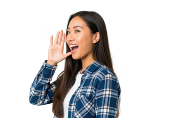 Young asian woman shouting with her hand cupped around her mouth, isolated on transparent background