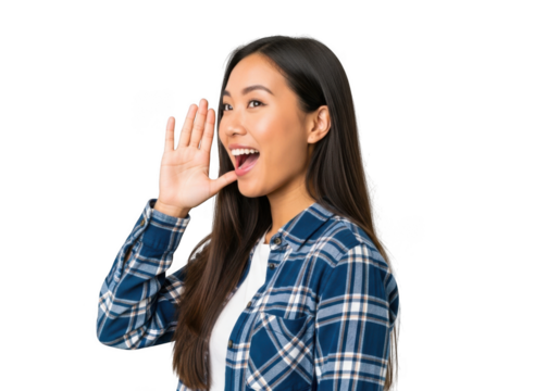 Young asian woman shouting with her hand cupped around her mouth, isolated on transparent background - Powered by Adobe