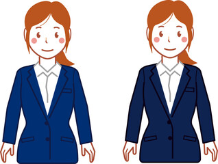 ネイビースーツ、ポニーテールの両手を下ろす若い女性