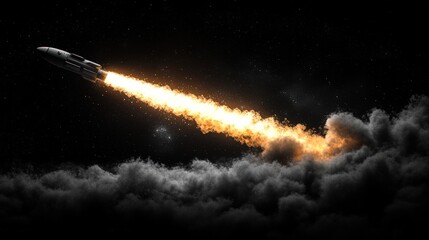 Rocket launch at night, fiery plume, dark sky