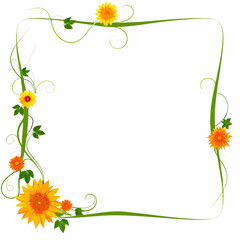 Obraz premium Vibrant floral border with sunflowers and green vines on white background