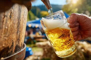 Bartender pouring a blonde beer from a wooden barrel into a glass mug at an outdoor beer festival