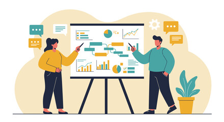 Two people presenting data on a whiteboard with charts and graphs.