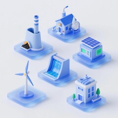 3D Isometric Icons of Renewable Energy and Power Generation Sources