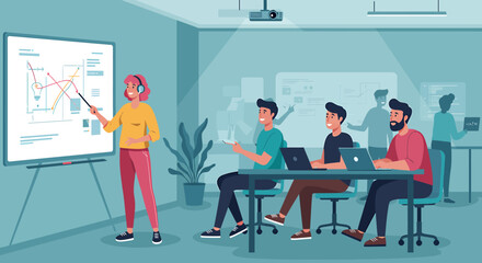 Woman presenting to a group of students or colleagues in a modern classroom.