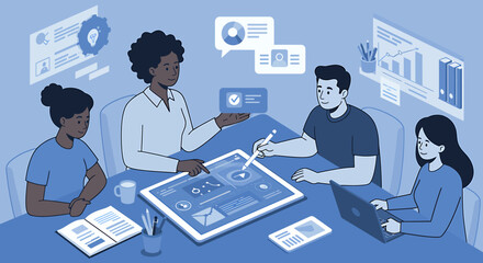 Diverse team collaborates on digital project using interactive technology.