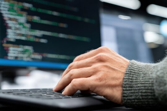 Programmer writing code on a keyboard with computer monitor displaying source code in background, working on innovative software solution