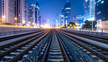 Obraz premium Train Tracks at Night in a Modern City
