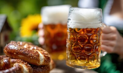 Woman wearing traditional Bavarian dress holding two large beer mugs and pretzels during Oktoberfest celebration