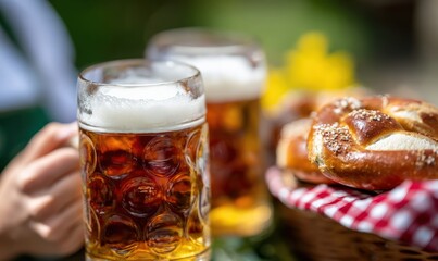 Bavarian style pretzels and beer steins on table with waiter holding one of the mugs in outdoor setting