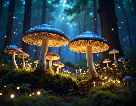 Magic mushrooms in a mystical forest - Powered by Adobe