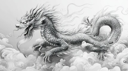 Monochrome dragon soaring through clouds