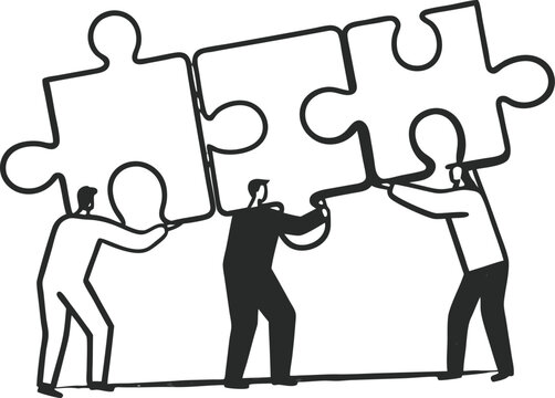 Three silhouetted figures collaborating to push interlocking puzzle pieces together representing teamwork and problem solving