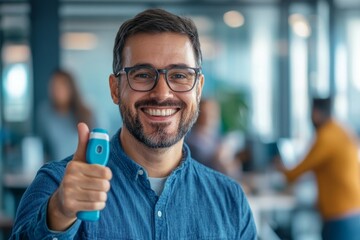 Happy man in the office holding an asthma inhaler and giving a thumbs-up for asthma relief, symbolizing recovery and well-being at work, Generative AI