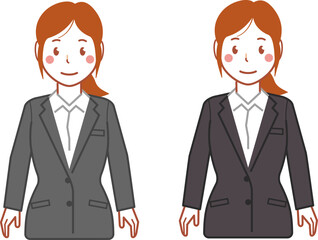 グレースーツ、ポニーテールの両手を下ろす若い女性