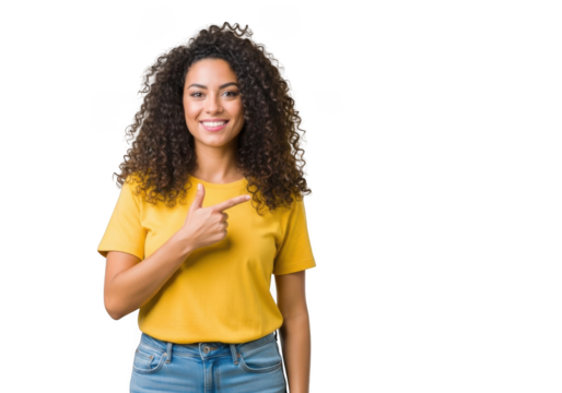 Young happy woman with curly brown hair smiling and pointing to the side, isolated on transparent background