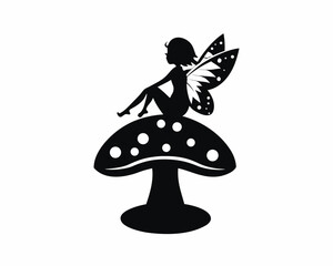 Fairy sitting on mushroom  icon and logo  silhouette illustration