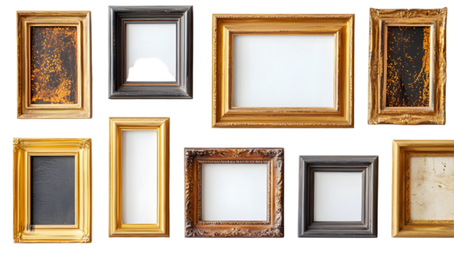Golden and wooden frames isolated on a transparent background