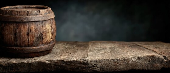 Naklejka premium Old wooden barrel resting on a vintage table with a dark background, ideal for product placement and mockups