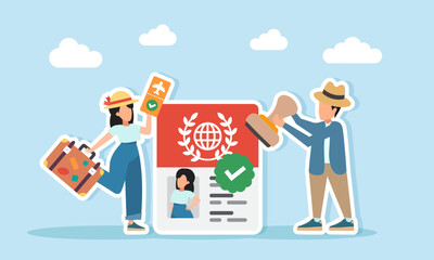 Young woman wear hat carrying suitcase and flight ticket stand beside passport or visa document while young man with hat hold stamp illustration for World Tourism Day