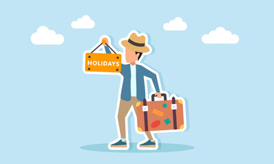 Young man wearing hat standing with travel suitcase and holding holiday sign illustration for appreciation of World Tourism Day celebration
