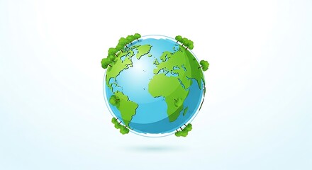 Obraz premium Illustration of planet Earth with green continents and blue oceans, surrounded by small green trees, on a light blue gradient background.