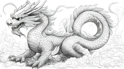 Majestic dragon, detailed line art, grey tones