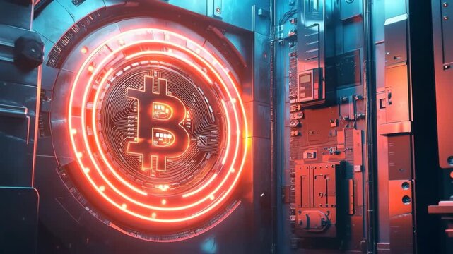 Digital bitcoin vault in futuristic data center environment